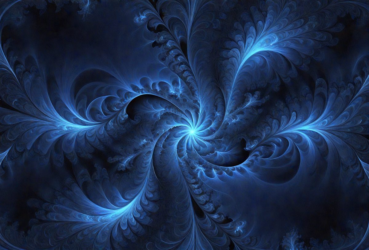 The primary subject of the image is a blue and white spiral pattern, which appears to be a digital art or illustration. The setting is a dark blue background, creating a contrasting and dramatic effect. The visual style is a combination of digital art and illustration, with the spiral pattern being the main focus. The colors and mood of the image are predominantly dark and moody, with the blue hues adding a sense of depth and mystery to the scene.