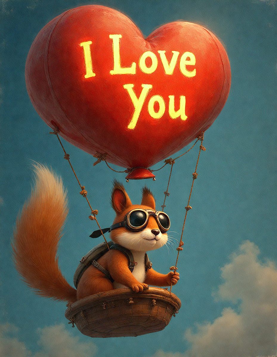 The primary subject of the image is a cartoon cat sitting in a hot air balloon. The cat is wearing goggles and appears to be enjoying the ride. The setting is a whimsical, imaginative scene with the cat as the main focus. The visual style is a digital art or illustration, with a vibrant and playful atmosphere. The colors are predominantly shades of orange and red, which contribute to the warm and cheerful mood of the image.