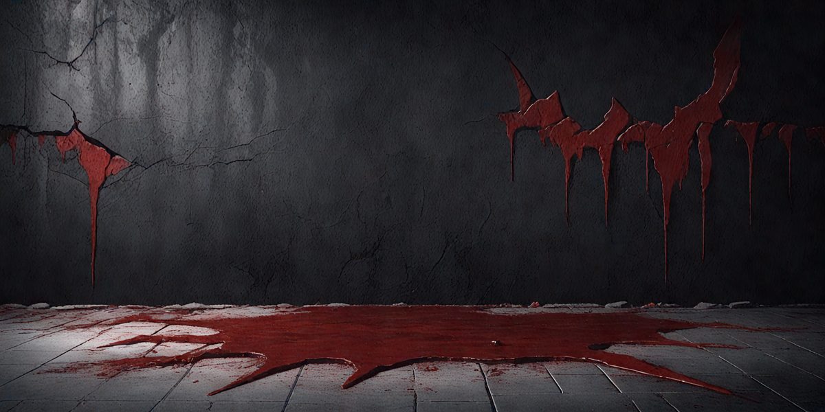 The primary subject of the image is a red substance, possibly blood, spreading across a wooden floor. The setting is a black wall, which serves as the background. The visual style appears to be a combination of a photo and a digital art or illustration, as the red substance is depicted in a somewhat surreal manner. The dominant colors are red and black, creating a dramatic and intense atmosphere.