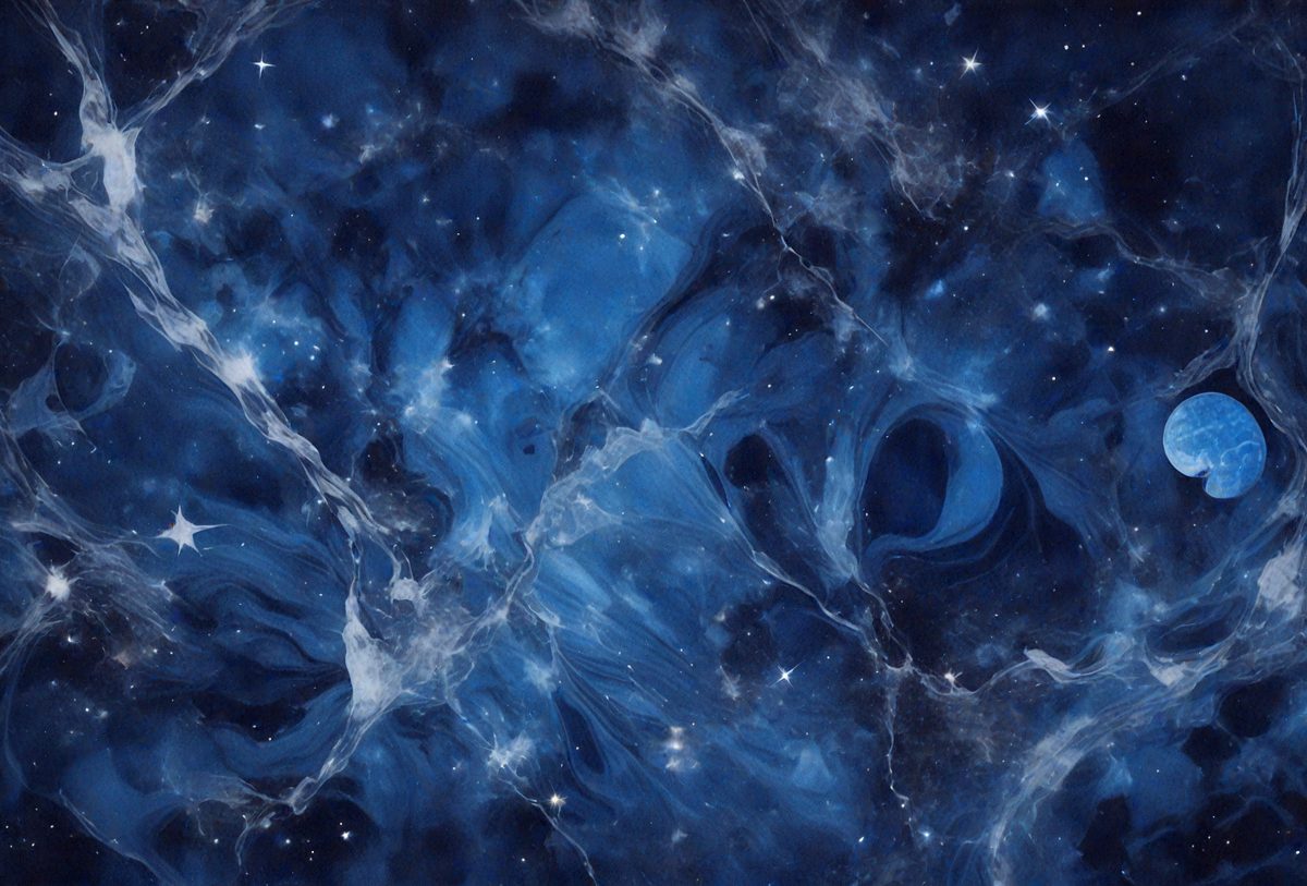 The primary subject of the image is a blue, swirling, and star-filled space. The setting is a dark, starry sky, with the stars scattered throughout the background. The visual style is a combination of a photo and digital art, creating a unique and captivating representation of the cosmos. The dominant colors are blue and black, with the blue hues creating a sense of depth and the blacks adding contrast to the scene. The overall atmosphere is one of wonder and exploration, as the viewer is drawn into the vastness of the universe.