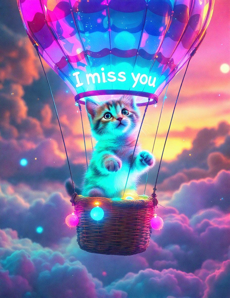 The primary subject of the image is a cat sitting in a basket that is suspended in the air. The setting is a colorful, cloudy sky, which adds a whimsical and playful atmosphere to the scene. The visual style is a digital art or illustration, creating a vibrant and imaginative image. The dominant colors are pink, purple, and blue, which contribute to the overall mood of the image.