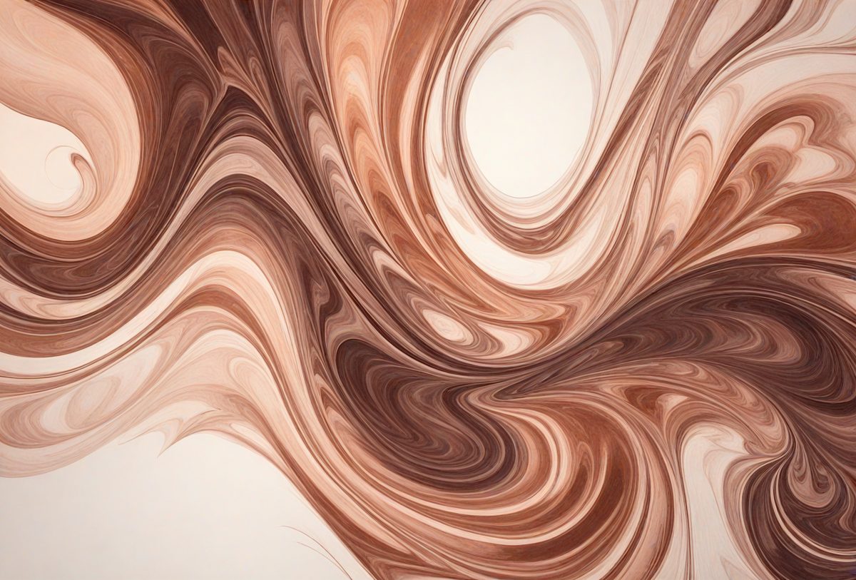 The primary subject of the image is a swirling, flowing pattern of brown and white colors. The setting is a white background, which provides a clean and uncluttered environment for the artwork. The visual style appears to be a combination of digital art and illustration, creating a dynamic and intricate design. The colors and mood of the image are predominantly warm and earthy, with the brown and white tones evoking a sense of movement and flow.