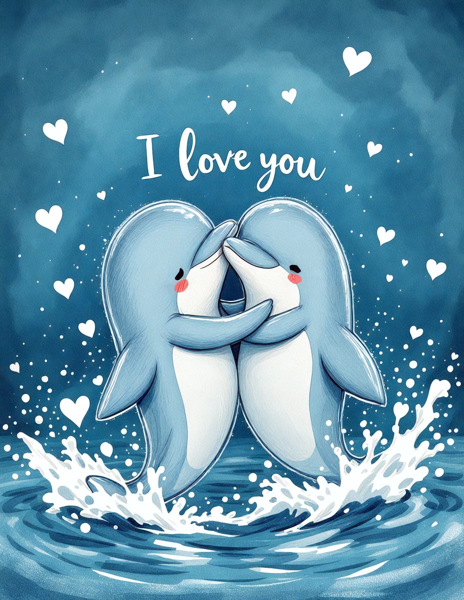 The image features two dolphins in the water, with the words "I love you" written on the side of one of them. The background is blue, with a white background and a red heart in the middle. The dolphins are positioned in the water, with one of them positioned closer to the viewer. The image is a fun and playful depiction of two dolphins in the water, with the words "I love you" written on the side of one of them. The image is a great example of a playful and romantic scene, with the