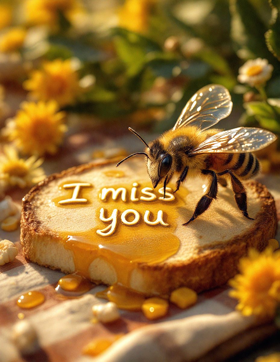 The primary subject of the image is a bee, which is seen drinking honey from a honeycomb. The setting is a table with a piece of bread, and the visual style is a photo. The colors and mood of the image are warm and inviting, with the honeycomb and honey creating a sense of sweetness and abundance.