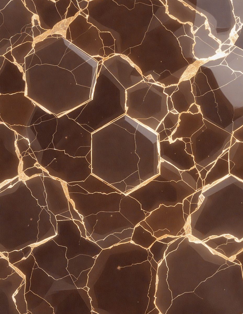The primary subject of the image is a close-up of a marble surface with a pattern of hexagons. The setting is a dark room, and the visual style appears to be a photo. The dominant colors are brown and gold, creating a warm and earthy atmosphere.