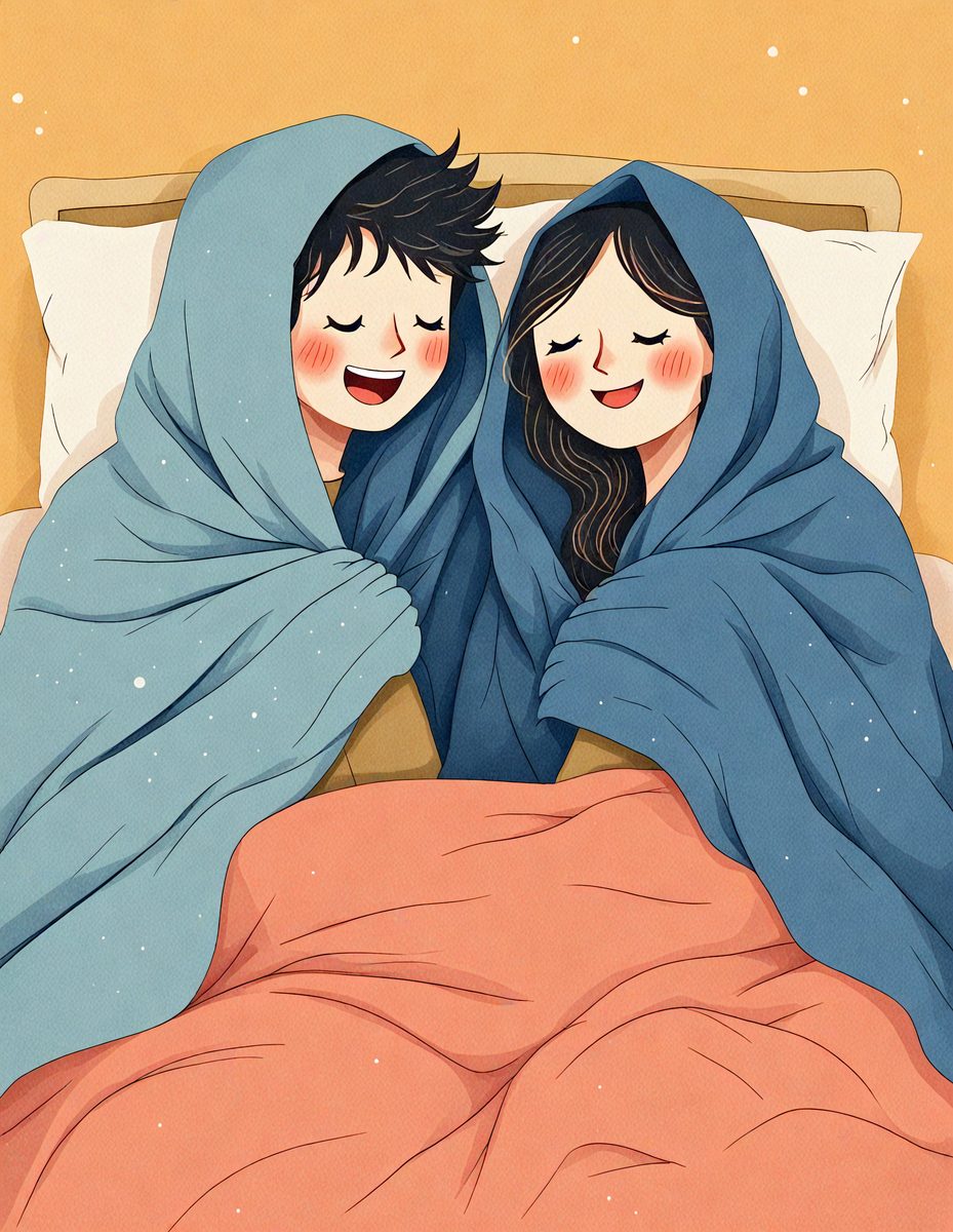 The image features a cartoon illustration of a man and a woman lying in bed, both wearing blue blankets. The man is on the left side of the bed, while the woman is on the right side. They are both smiling and appear to be enjoying their time together. The scene is set in a cozy and comfortable environment, with the bed being the main focus of the image. The illustration is a digital art piece, showcasing a playful and lighthearted atmosphere.