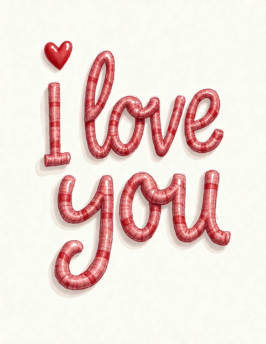 The primary subject of the image is a heart-shaped sign that says "I love you." The setting is a white background, and the visual style is a digital art or illustration. The colors are predominantly red and white, creating a warm and affectionate atmosphere.