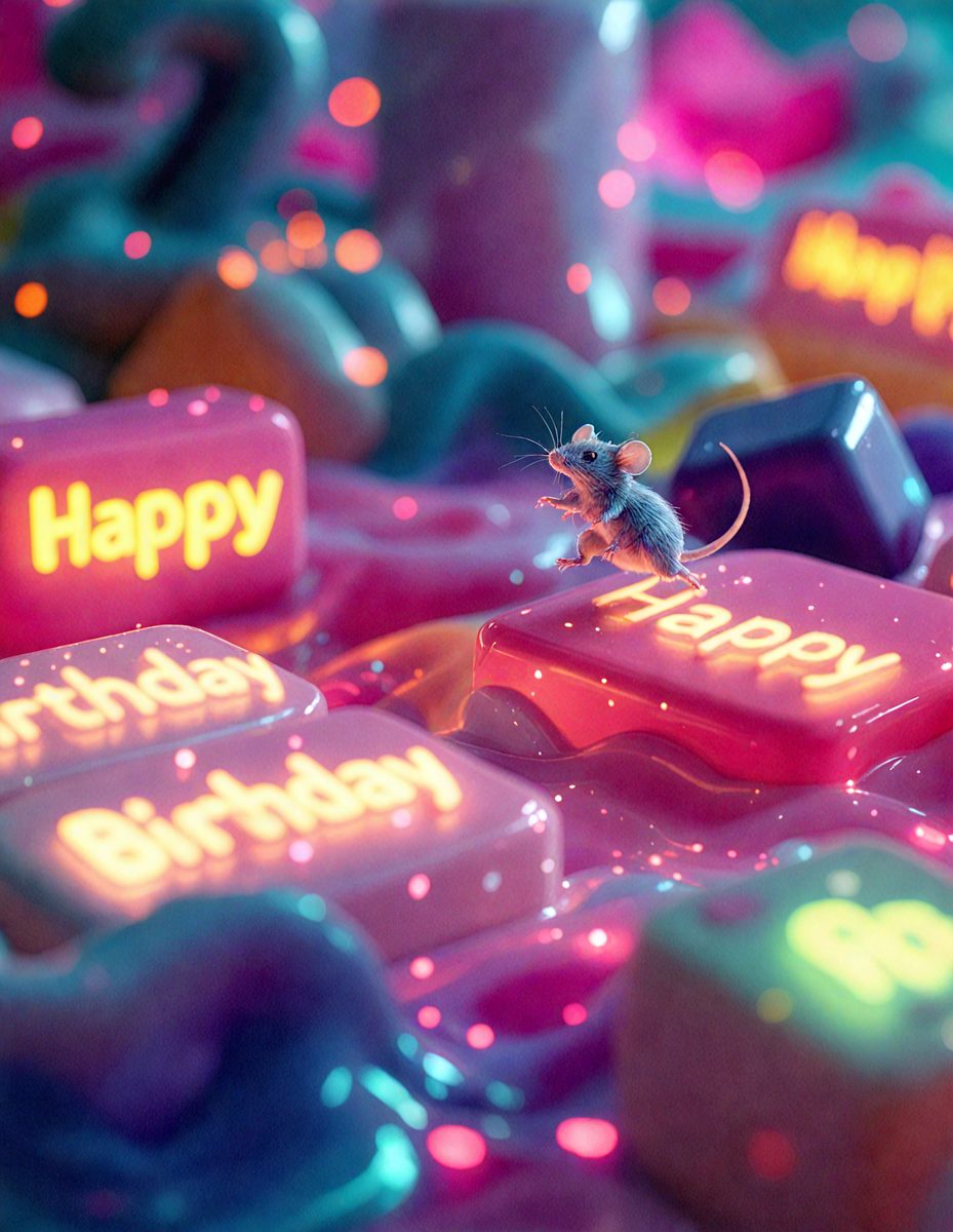 The primary subject of the image is a mouse standing on a pink and purple keyboard. The mouse is positioned on the "Happy" button, which is part of a birthday-themed keyboard. The setting is a colorful and vibrant environment, with the mouse being the main focus of the scene. The visual style is a combination of digital art and illustration, creating a lively and playful atmosphere. The dominant colors are pink, purple, and green, which contribute to the overall cheerful and festive mood of the image.