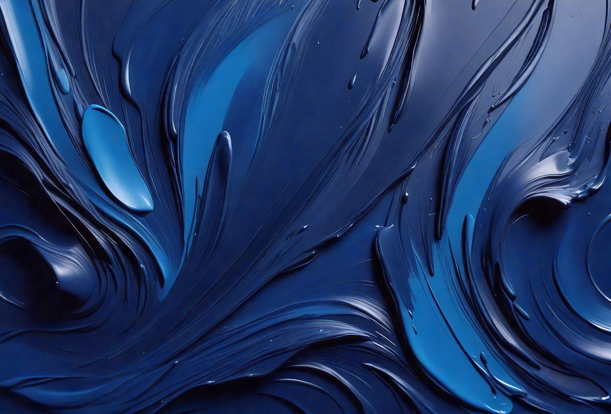 The primary subject of the image is a blue, swirling, and flowing substance, which appears to be a liquid or a viscous material. The setting is a dark background, which contrasts with the blue substance. The visual style of the image is a close-up, focusing on the intricate details of the blue substance. The colors and mood of the image are predominantly blue, creating a sense of depth and movement.