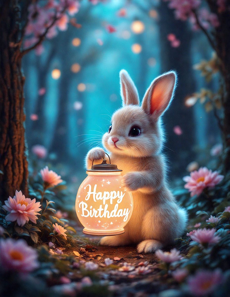 The primary subject of the image is a small bunny holding a lighted birthday candle. The setting is a forest with a tree in the background. The visual style is a digital art illustration, creating a whimsical and playful atmosphere. The colors are predominantly pink, which adds to the festive and joyful mood of the scene.