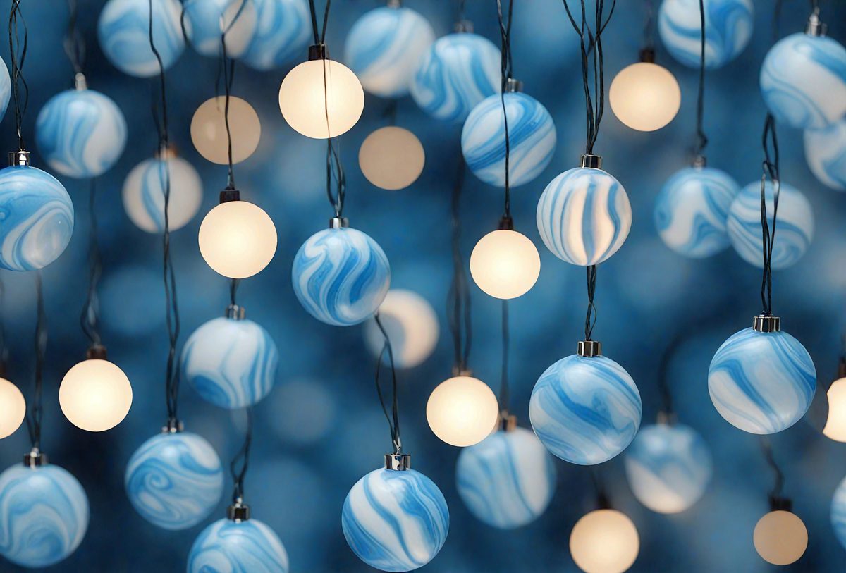 The primary subject of the image is a collection of blue and white ornaments, which are hanging from strings. The setting is a dark blue background, creating a dramatic contrast with the ornaments. The visual style appears to be a combination of a photo and digital art, as the ornaments are displayed in a visually appealing manner. The colors and mood of the image are predominantly dark and moody, with the blue ornaments standing out against the dark background.