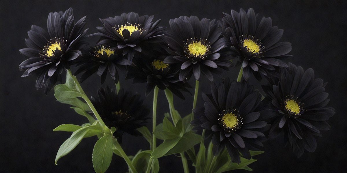 The primary subject of the image is a close-up of a flower, which is a black daisy. The setting is a dark background, which emphasizes the flower's details. The visual style is a photo, capturing the flower's beauty. The dominant colors are black and yellow, creating a striking contrast. The overall atmosphere is moody and dramatic, with the flower standing out as the focal point.