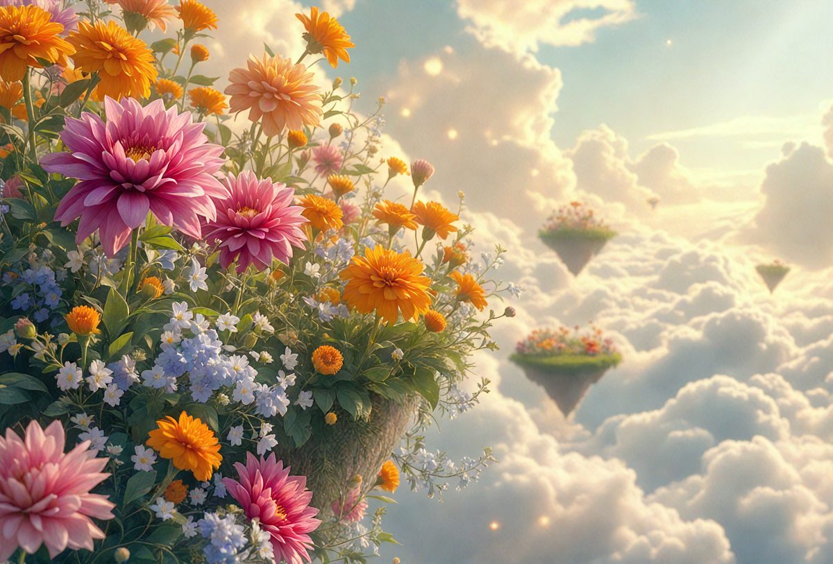 Primary subject: A large bouquet of colorful flowers in a vase.

Setting/background: The flowers are placed in a vase on a cloud, which serves as the backdrop for the scene.

Visual style: The image is a digital artwork, featuring a vibrant and lively atmosphere.

Colors and mood: The dominant colors are yellow, pink, and blue, creating a cheerful and uplifting mood.