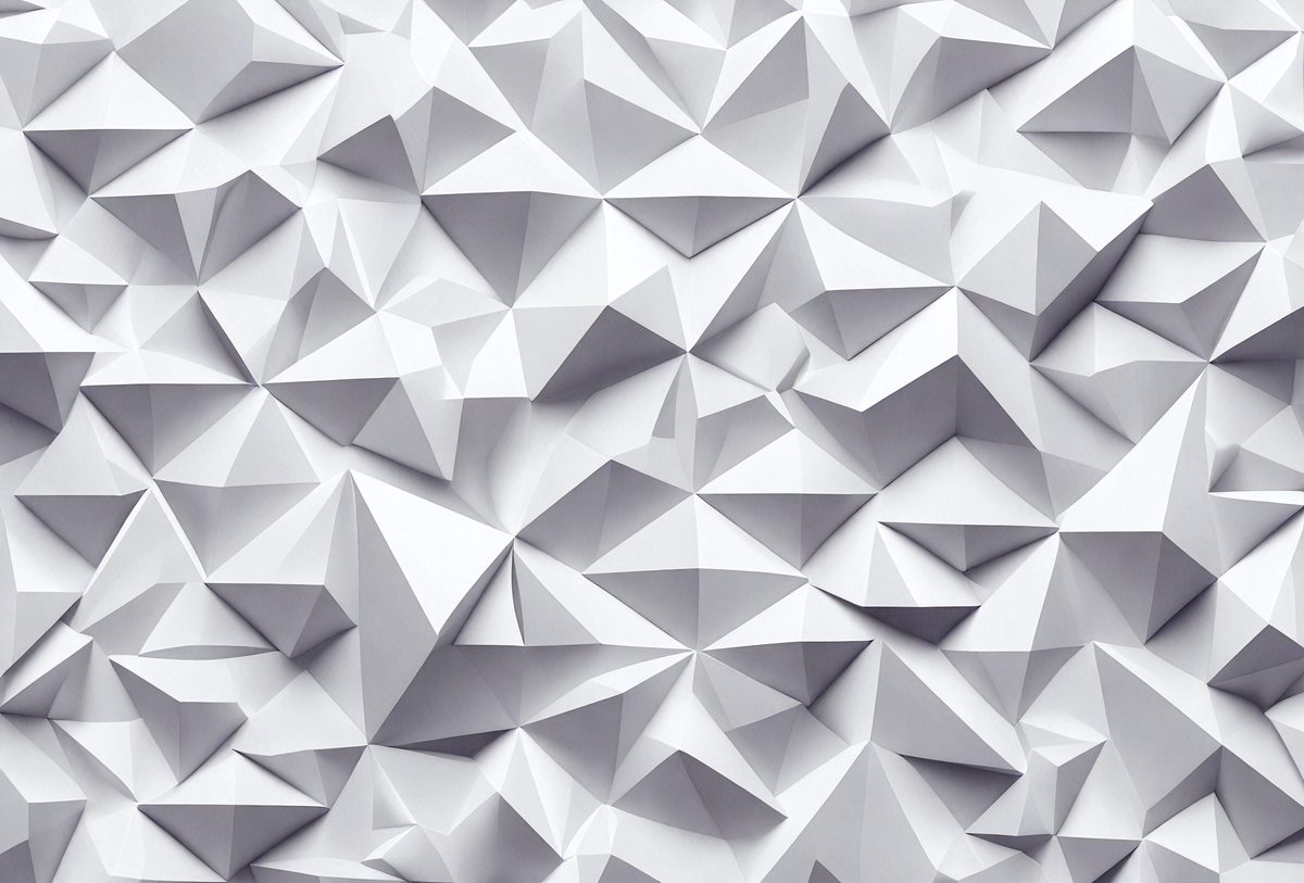 The primary subject of the image is a large white wall with a pattern of white triangles. The setting is a white room, and the visual style is a close-up of the wall. The dominant colors are white, and the overall atmosphere is clean and minimalistic.