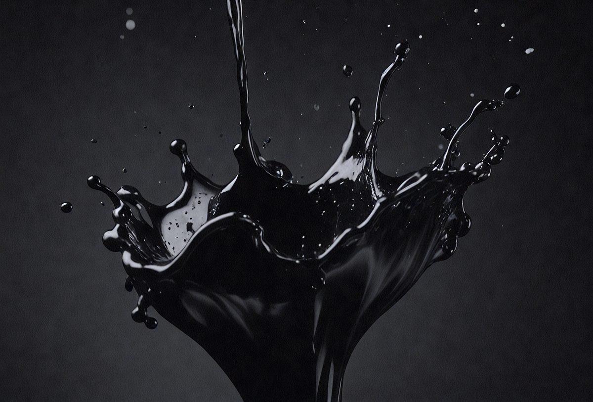 The primary subject of the image is a black liquid, possibly ink or paint, splashing onto a surface. The setting is a dark background, which contrasts with the black liquid. The visual style appears to be a close-up of the splashing liquid, with a focus on the details of the droplets. The colors and mood of the image are predominantly dark, with the black liquid being the most prominent element.