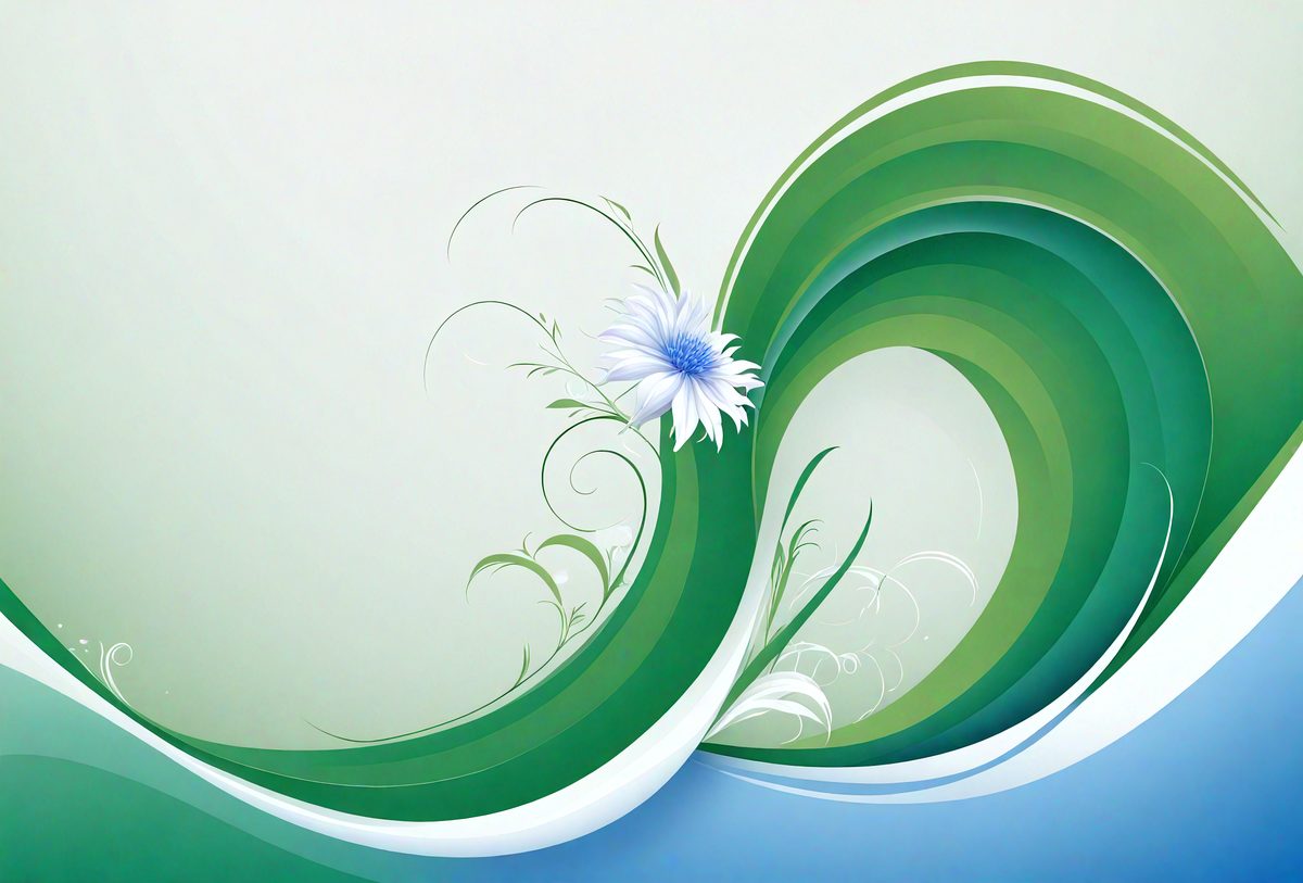 The primary subject of the image is a flower, which is placed in the center of a green and white wave. The setting is a white and green background, which adds to the overall visual style. The image is a digital art or illustration, showcasing the flower's beauty and the wave's dynamic form. The colors and mood of the image are predominantly green and white, creating a serene and calming atmosphere.