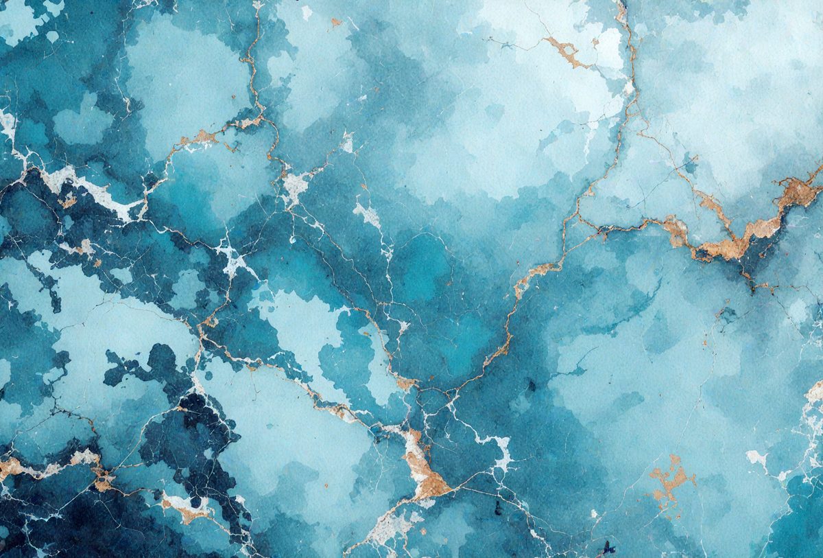 The primary subject of the image is a blue and white marble-like pattern. The setting is a blue and white marble wall, which serves as the background. The visual style is a combination of a photo and digital art, creating a unique and intricate design. The dominant colors are blue and white, giving the image a calm and serene atmosphere.