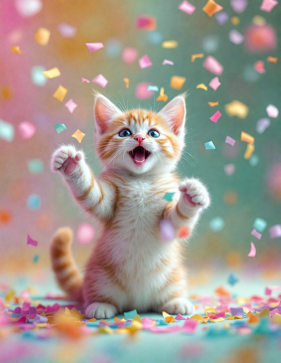 The primary subject of the image is a small orange and white kitten. The kitten is standing on a pink surface, which is likely a carpet. The setting appears to be indoors, with a celebratory atmosphere. The visual style of the image is a combination of photo and digital art, creating a vibrant and lively scene. The colors in the image are predominantly pink and orange, which contribute to the festive and joyful mood.