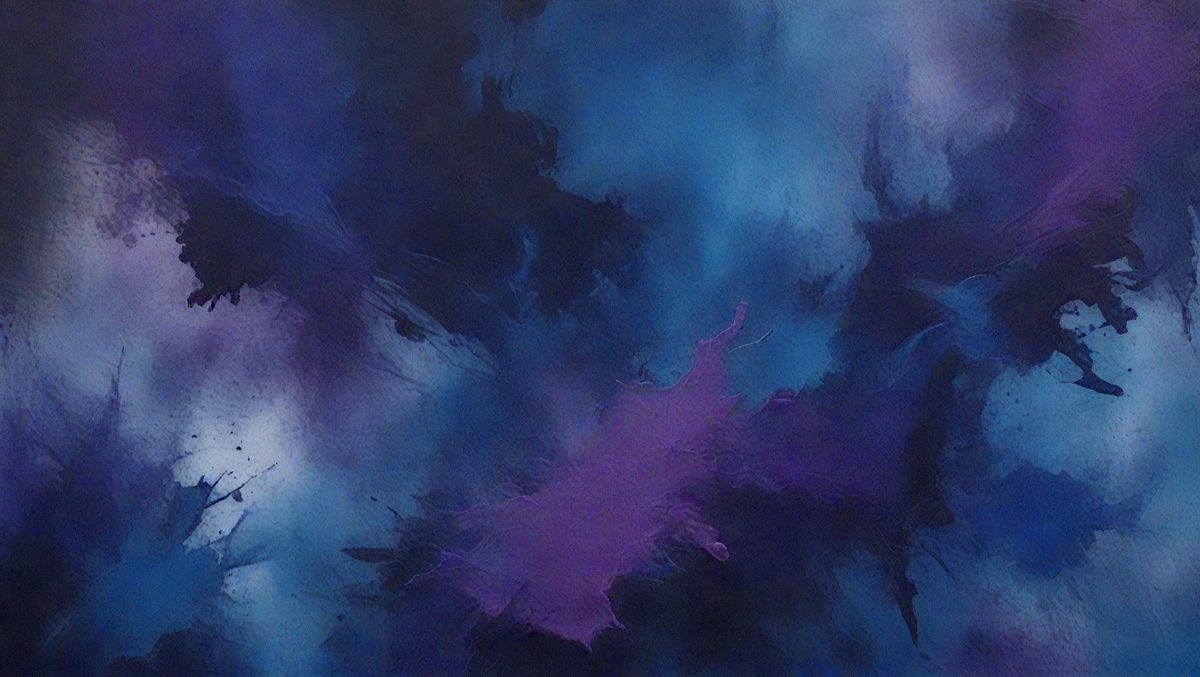 The image features a painting with a dark background and a colorful background. The painting is composed of a large, abstract painting with a purple and blue color scheme. The painting is composed of a large number of blue and purple splashes, which are scattered throughout the painting. The painting is positioned in a way that creates a sense of depth and dimension, with the colors blending together to create a stunning composition. The painting is positioned in a way that creates a sense of depth and dimension, with the colors blending together