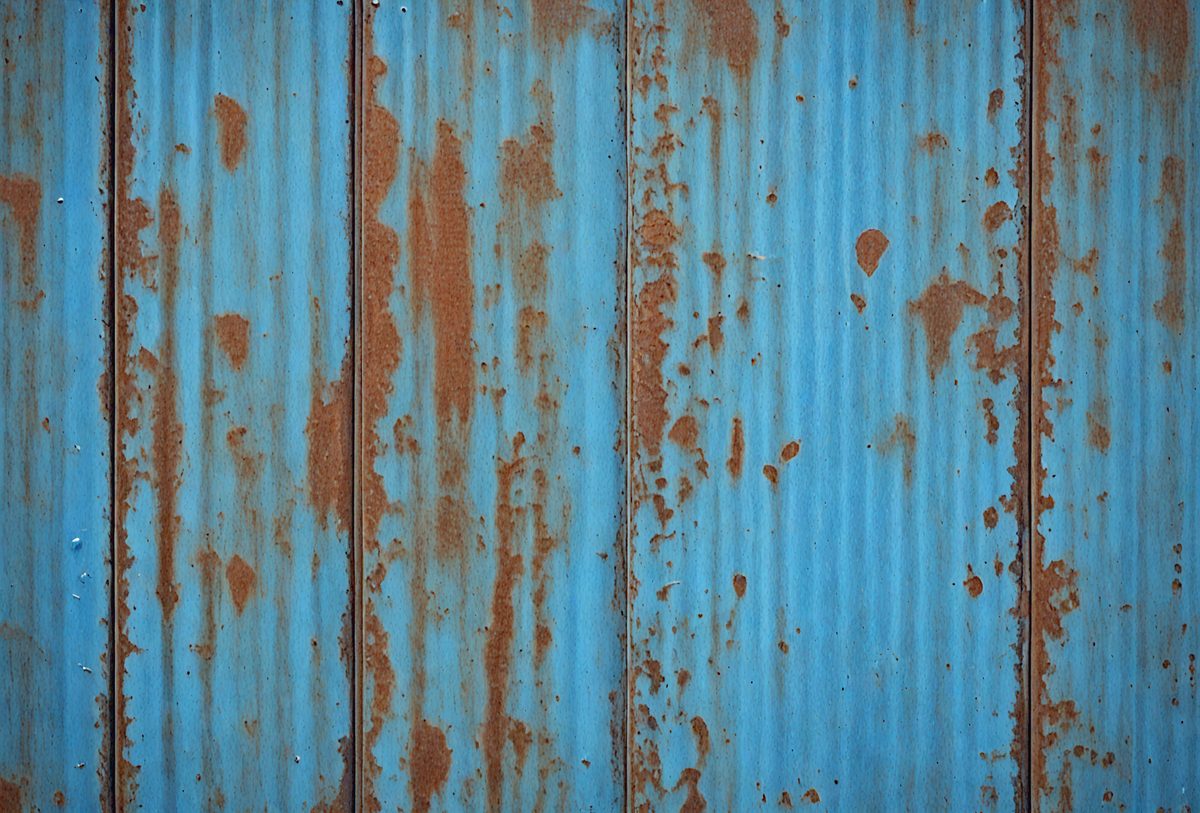 The image features a blue and rusty corrugated metal wall with rusty paint and rusty nails. The wall is positioned in a horizontal position, with the rusty paint visible on the left side and the rusty nails visible on the right side. The rusty paint is visible on the left side of the wall, while the rusty nails are visible on the right side. The rusty paint is a common feature of rusty metal, which is often used to create rustic and rustic-looking walls. The rust