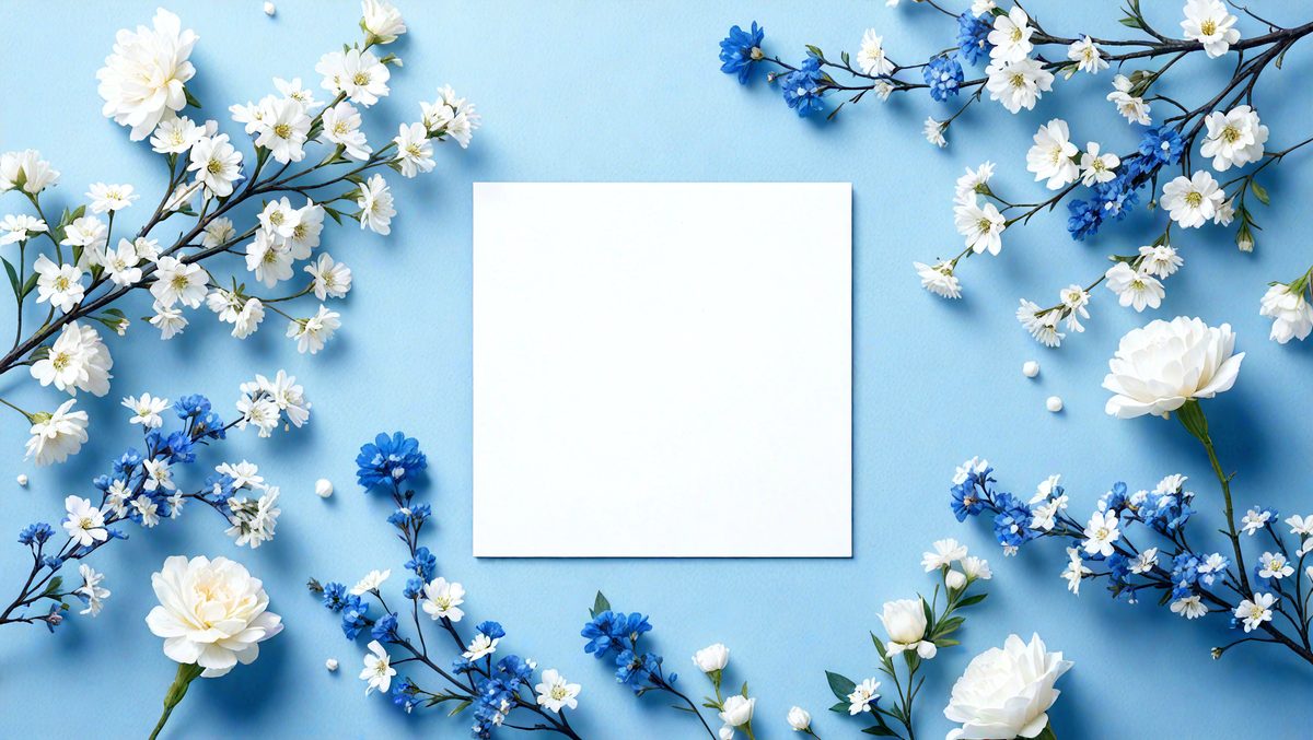 The primary subject of the image is a white square, which is placed in the center of a blue background. The setting is a flower-filled garden, with the flowers surrounding the white square. The visual style is a combination of photo and digital art, creating a unique and artistic representation of the scene. The colors and mood of the image are predominantly blue, with the white square adding a touch of contrast and simplicity to the overall atmosphere.