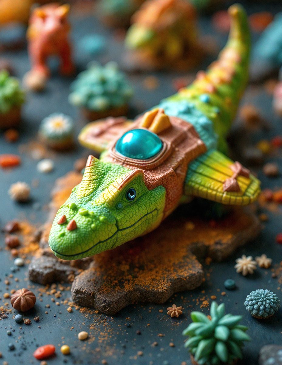 The primary subject of the image is a toy alligator figurine. The setting is a table with a black surface, and the visual style is a combination of photo and digital art. The colors and mood of the image are predominantly green and orange, giving it a vibrant and lively appearance.