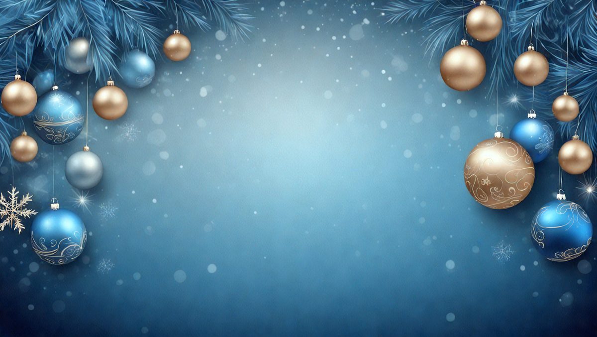 The primary subject of the image is a blue background with a few gold ornaments hanging from it. The setting is a winter scene, with snow falling and creating a wintry atmosphere. The visual style is a digital art, as the ornaments and the background are created using digital tools. The colors and mood of the image are predominantly blue and cold, with the gold ornaments adding a touch of warmth and festivity to the scene.