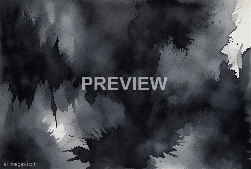 The image features an abstract watercolor background with dark shades of black, gray, and hints of white. The paint appears to be splattered and blended in a fluid, organic manner, creating an impression of depth and movement with irregular edges and textures. The overall effect is moody and expressive, typical of abstract art.