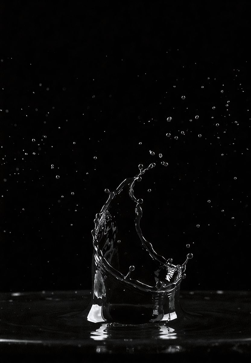 The primary subject of the image is a glass of water, which is captured in a close-up shot. The glass is filled with water, and it appears to be in the process of overflowing. The setting is a dark background, which adds to the dramatic effect of the water spilling. The visual style is a black and white photo, giving the image a classic and timeless feel. The colors and mood of the image are predominantly dark, with the water and the glass being the main focus.