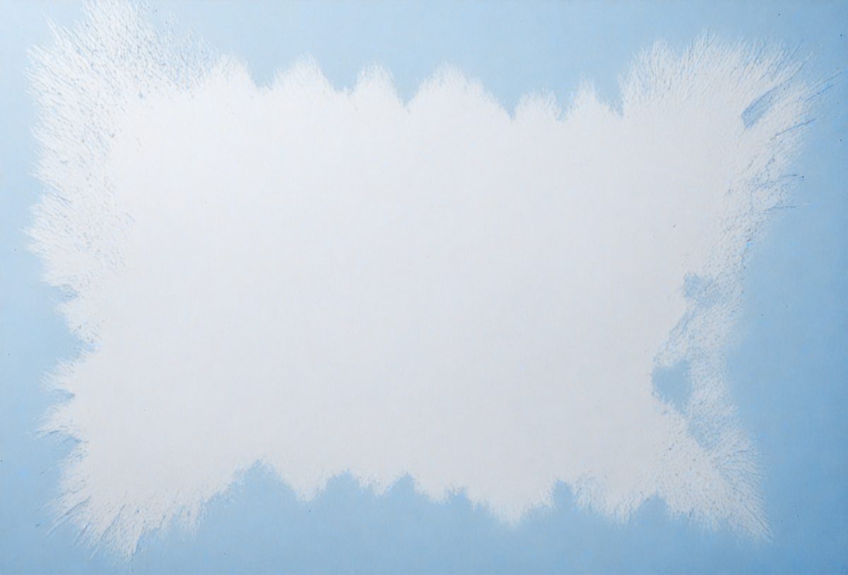 The primary subject of the image is a large, white canvas with a blue background. The setting is a blank wall, and the visual style appears to be a painting or drawing. The colors and mood of the image are predominantly blue, creating a calm and serene atmosphere.