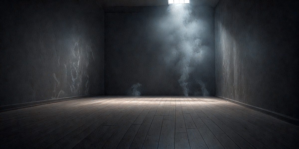The primary subject of the image is a room with a wooden floor. The setting is a dark room with a single light source, creating a moody atmosphere. The visual style is a black and white photo, which adds to the dramatic and mysterious mood of the scene. The colors and mood are dominated by the dark wooden floor and the single light source, creating a sense of depth and contrast.