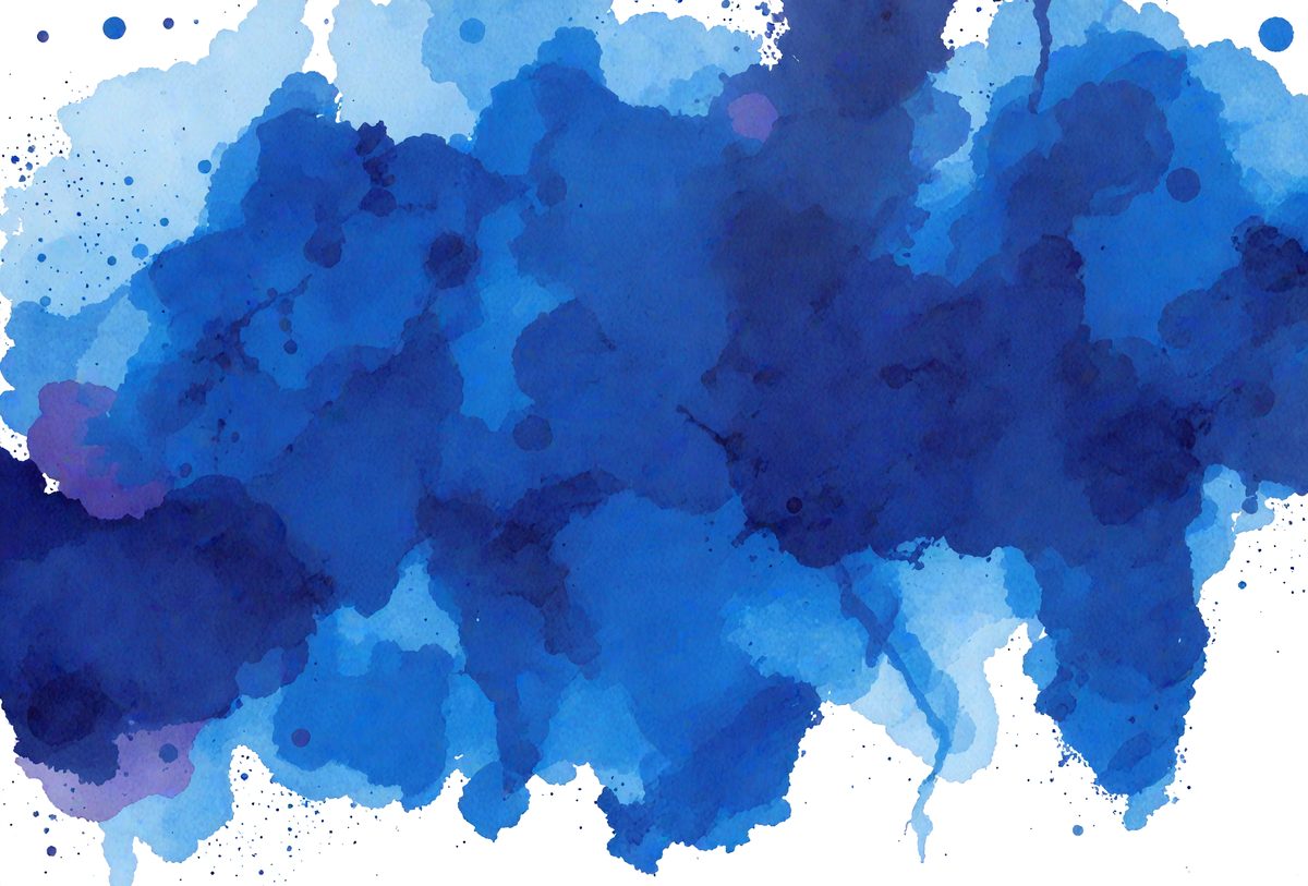 The primary subject of the image is a blue watercolor painting. The setting is a white background, which provides a clean and uncluttered appearance. The visual style is a watercolor painting, which gives the image a unique and artistic touch. The dominant colors are blue and white, creating a calm and serene atmosphere.