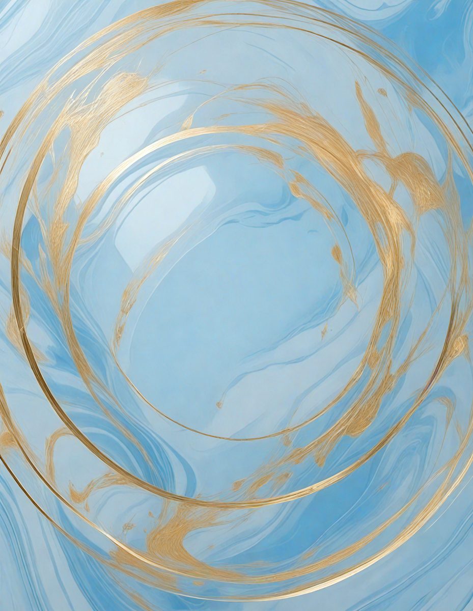 The primary subject of the image is a large, circular glass bowl with a gold rim. The bowl is filled with a blue liquid, giving it a vibrant and colorful appearance. The setting is a blue background, which complements the gold rim and blue liquid in the bowl. The visual style of the image is a combination of photo and digital art, creating a unique and eye-catching design. The colors and mood of the image are lively and energetic, with the blue liquid and gold rim creating a sense of depth and dimension in the bowl.