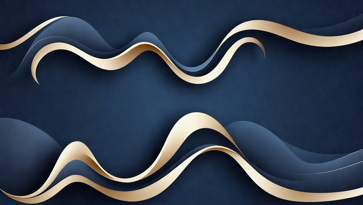 The primary subject of the image is a blue and gold wave pattern. The setting is a blue background, and the visual style is a digital art or illustration. The dominant colors are blue and gold, creating a calm and serene atmosphere.