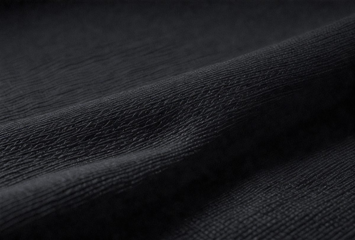 The primary subject of the image is a black fabric, which appears to be a piece of clothing or a curtain. The setting is a dark room, and the visual style is a close-up of the fabric. The colors and mood of the image are predominantly dark and moody, with the black fabric being the main focus.