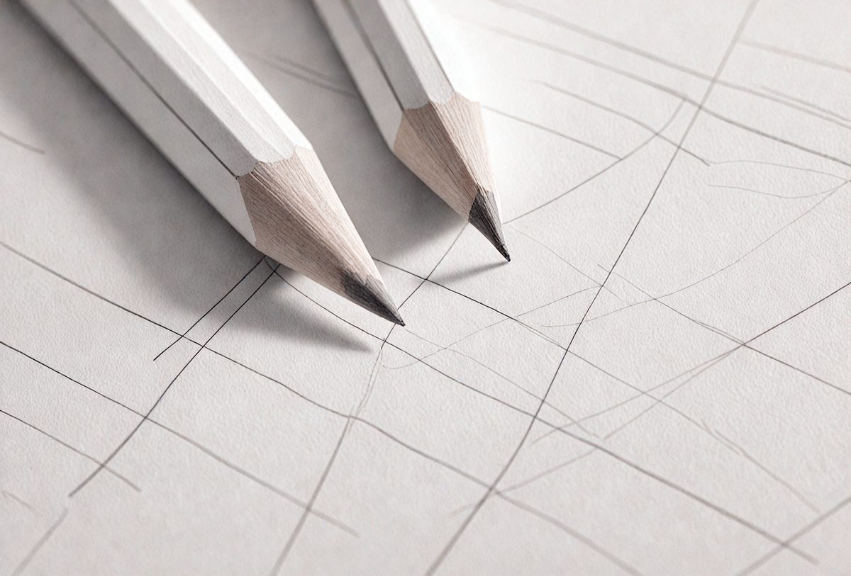 The primary subject of the image is a pair of pencils, with one pencil being slightly longer than the other. The setting is a piece of paper, and the visual style appears to be a drawing or illustration. The colors and mood of the image are predominantly white, with the pencils being the main focus.