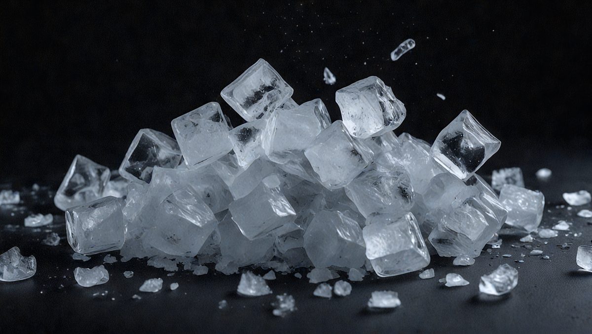 The primary subject of the image is a pile of ice cubes. The setting is a dark background, which contrasts with the bright white color of the ice cubes. The visual style is a close-up of the ice cubes, showcasing their texture and details. The colors and mood of the image are predominantly white, giving it a clean and cold appearance.