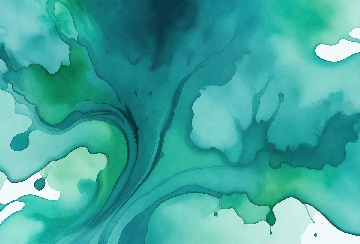 The primary subject of the image is a painting of a tree with green and blue colors. The setting is a painting of a tree with green and blue colors. The visual style is a painting of a tree with green and blue colors. The colors and mood are predominantly green and blue, creating a serene and calming atmosphere.