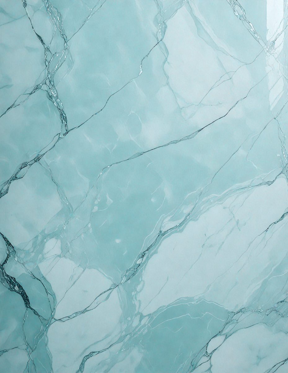 The primary subject of the image is a marble-like surface with a blue tint. The setting is a bathroom, and the visual style is a close-up of the marble-like surface. The colors and mood of the image are predominantly blue, creating a calm and serene atmosphere.