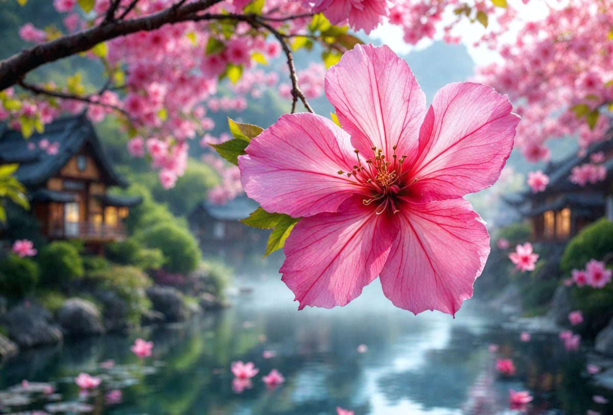 The primary subject of the image is a pink flower, which is prominently displayed in the foreground. The setting is a serene environment with a body of water, possibly a lake, in the background. The visual style of the image is a photo, capturing the beauty of the flower and its surroundings. The dominant colors in the image are pink and purple, creating a warm and inviting atmosphere.