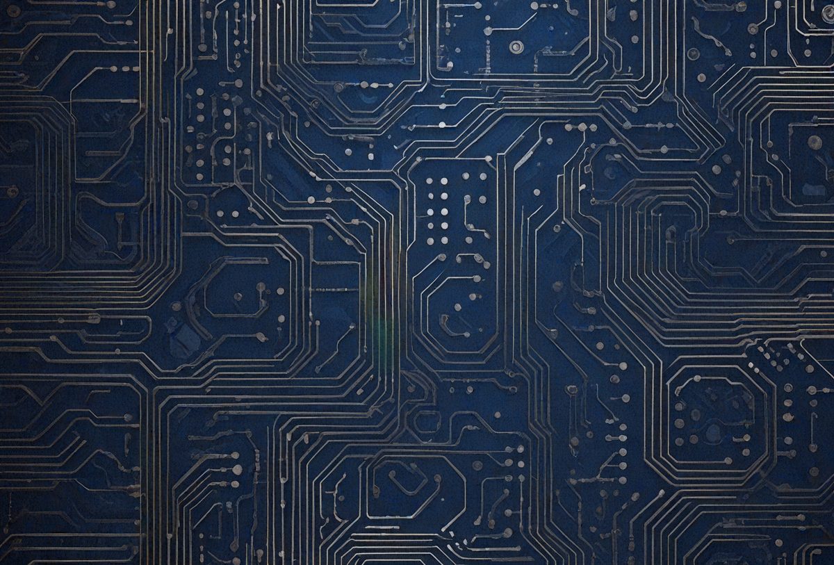 The primary subject of the image is a close-up of a computer circuit board. The setting is a blue background, which contrasts with the circuit board. The visual style is a detailed, close-up of the electronic components, showcasing the intricate patterns and connections. The colors and mood of the image are predominantly blue, which gives a sense of calmness and focus on the subject matter.
