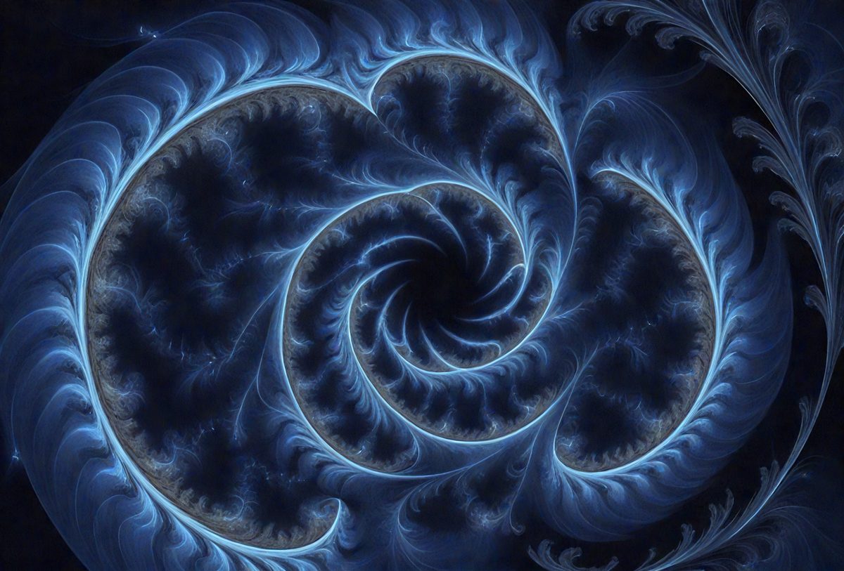 The primary subject of the image is a blue spiral pattern, which appears to be a digital art or illustration. The setting is a dark blue background, creating a contrasting and dramatic effect. The visual style suggests that the image is a creative and artistic representation of a spiral pattern. The colors and mood of the image are predominantly dark and moody, with the blue hue adding a sense of depth and mystery to the scene.