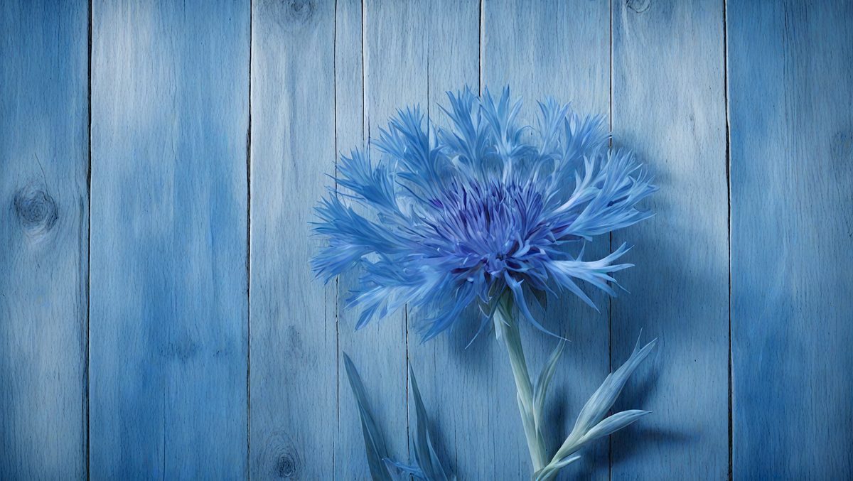 The primary subject of the image is a blue flower with a long stem, which is placed against a blue wall. The setting appears to be a room with a wooden wall, and the visual style is a close-up of the flower. The dominant colors in the image are blue and purple, creating a calm and serene atmosphere.