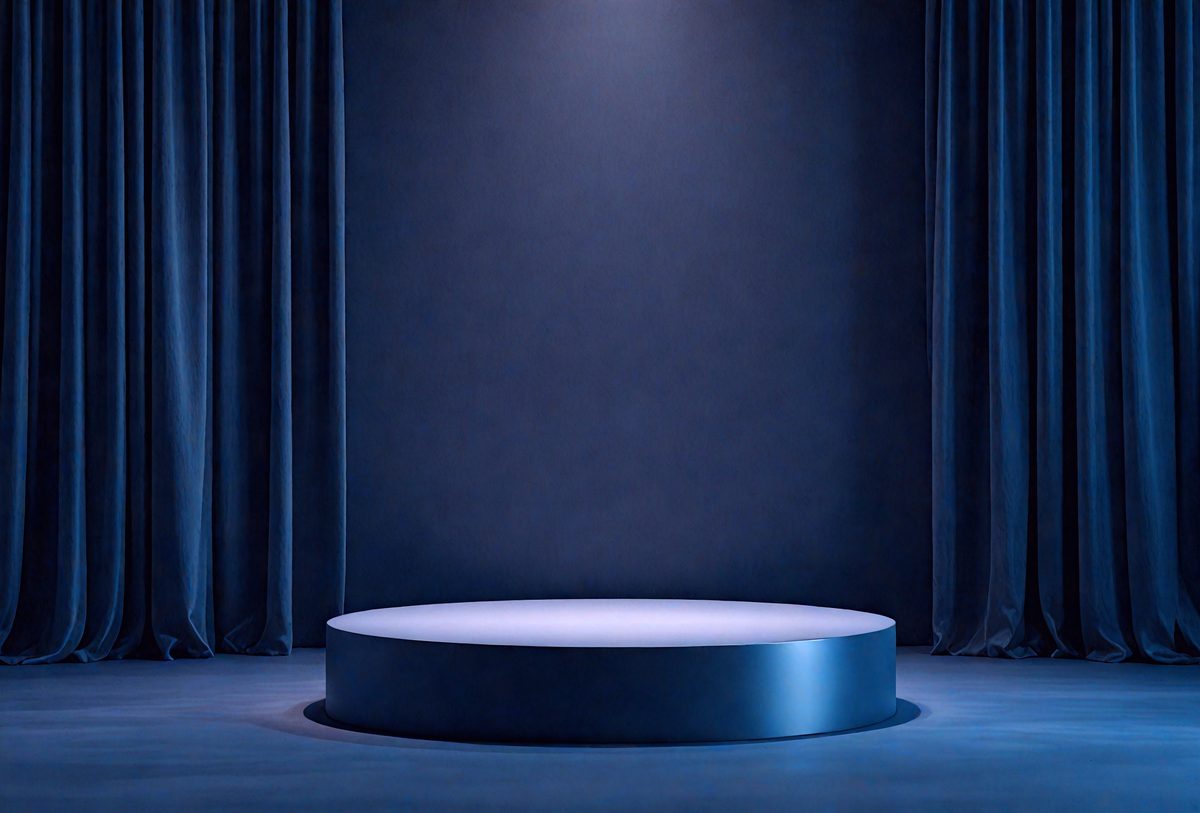The primary subject of the image is a large, round, blue object, possibly a table or a platform, placed in a dark room. The setting is a dimly lit environment, with a blue curtain in the background. The visual style appears to be a photo, as the image captures the details of the blue object and the surrounding darkness. The colors and mood of the image are predominantly dark and moody, with the blue object standing out against the black background.