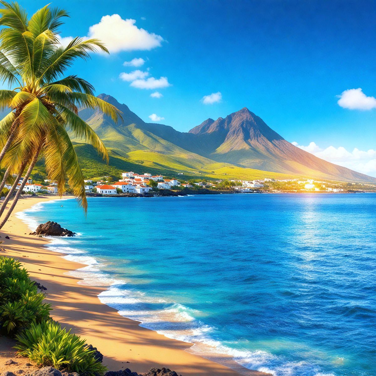 The primary subject of the image is a beautiful beach scene with a clear blue ocean and a sandy shore. The beach is located near a mountain, adding to the picturesque setting. The visual style of the image is a photo, capturing the natural beauty of the beach and the ocean. The colors and mood of the image are vibrant and serene, with the blue ocean and sandy beach creating a peaceful and inviting atmosphere.