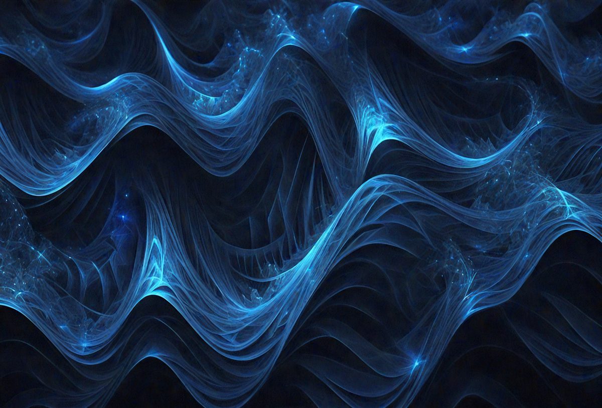 The primary subject of the image is a blue, swirling, and flowing pattern. The setting is a dark background, which contrasts with the vibrant blue color of the pattern. The visual style appears to be a digital art or illustration, as the pattern is intricate and detailed. The colors and mood of the image are predominantly blue, creating a sense of calmness and tranquility.