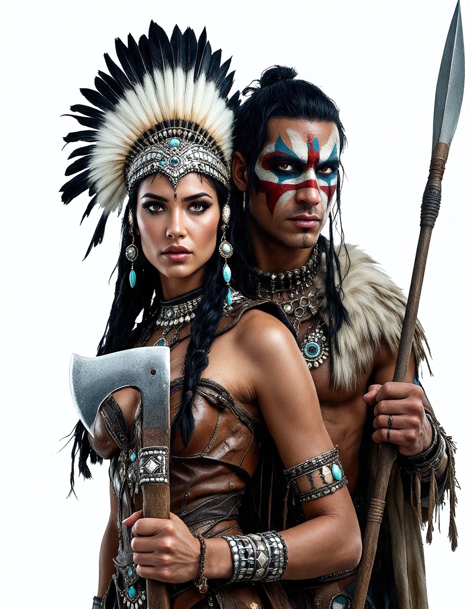 The image features a man and a woman dressed in Native American costumes, standing close to each other. The woman is holding a large knife, while the man is holding a spear. The scene appears to be a photoshoot or a costume party, with the couple posing for the camera. The overall atmosphere is one of adventure and cultural appreciation.