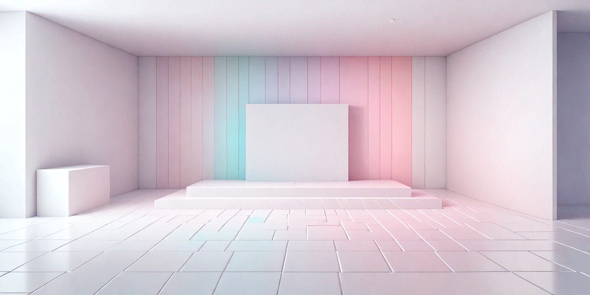 The primary subject of the image is a white stage with a large white screen. The stage is set against a colorful backdrop, featuring a pink, blue, and purple wall. The visual style of the image is a combination of photo and digital art, creating a unique and eye-catching scene. The colors and mood of the image are vibrant and lively, with the white stage and screen contrasting against the vividly colored wall.