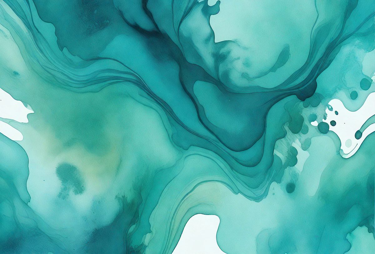 The primary subject of the image is a painting of a blue and green water-like scene. The setting is a white background, and the visual style appears to be a digital art or illustration. The dominant colors in the painting are blue and green, creating a serene and calming atmosphere.