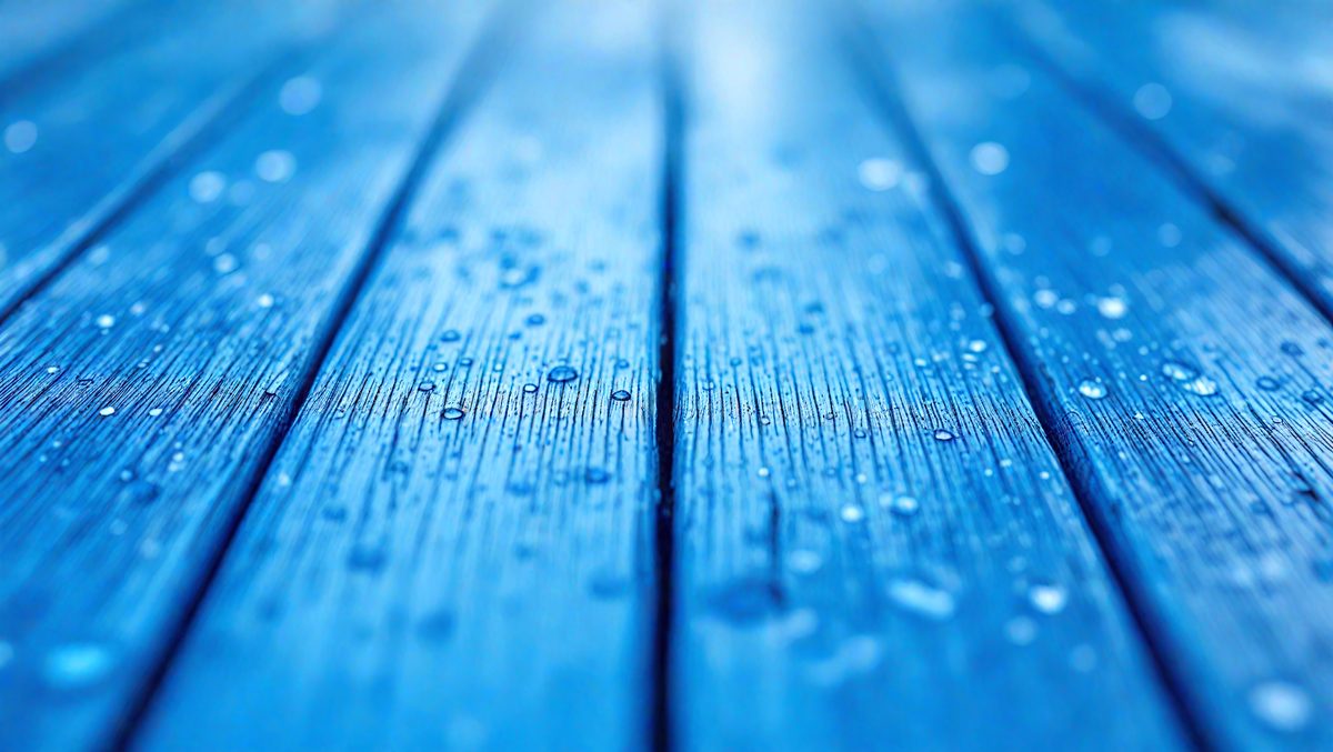 The primary subject of the image is a wooden deck with a blue surface. The setting is an outdoor environment, possibly a beach or a patio. The visual style is a photo, capturing the raindrops on the wooden surface. The dominant colors are blue and white, creating a serene and calming atmosphere.